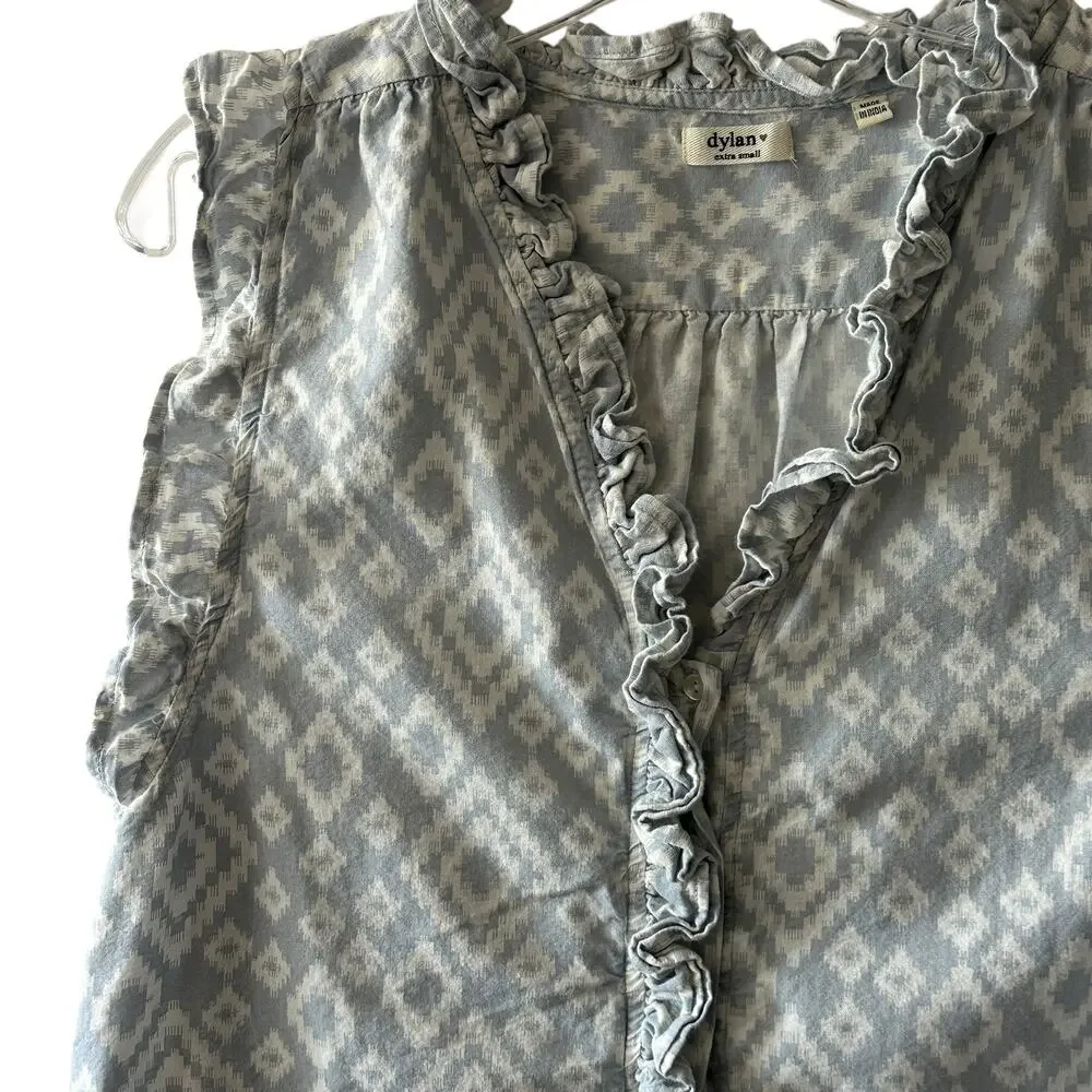 Dylan Fiesta Ruffle Top Womens XS Light Blue Western Southwest Print Button